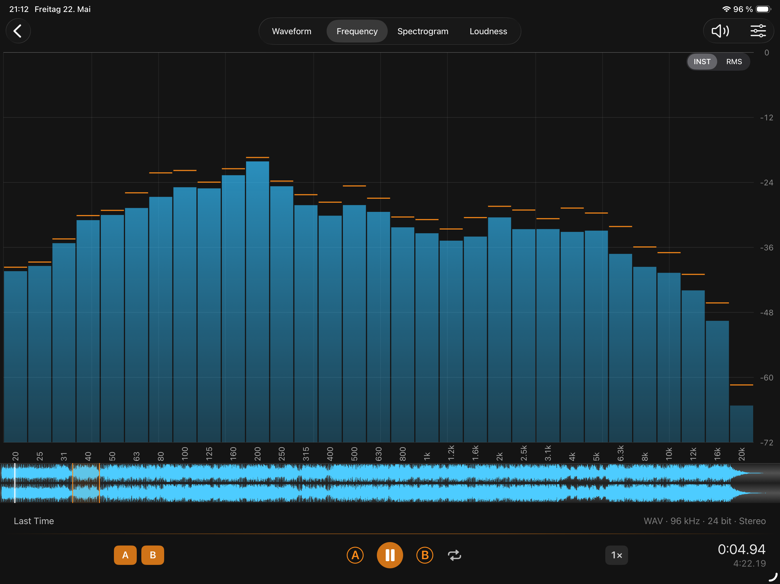 Studio Frequency analyzer view — bar-graph FFT spectrum with INST and RMS modes.